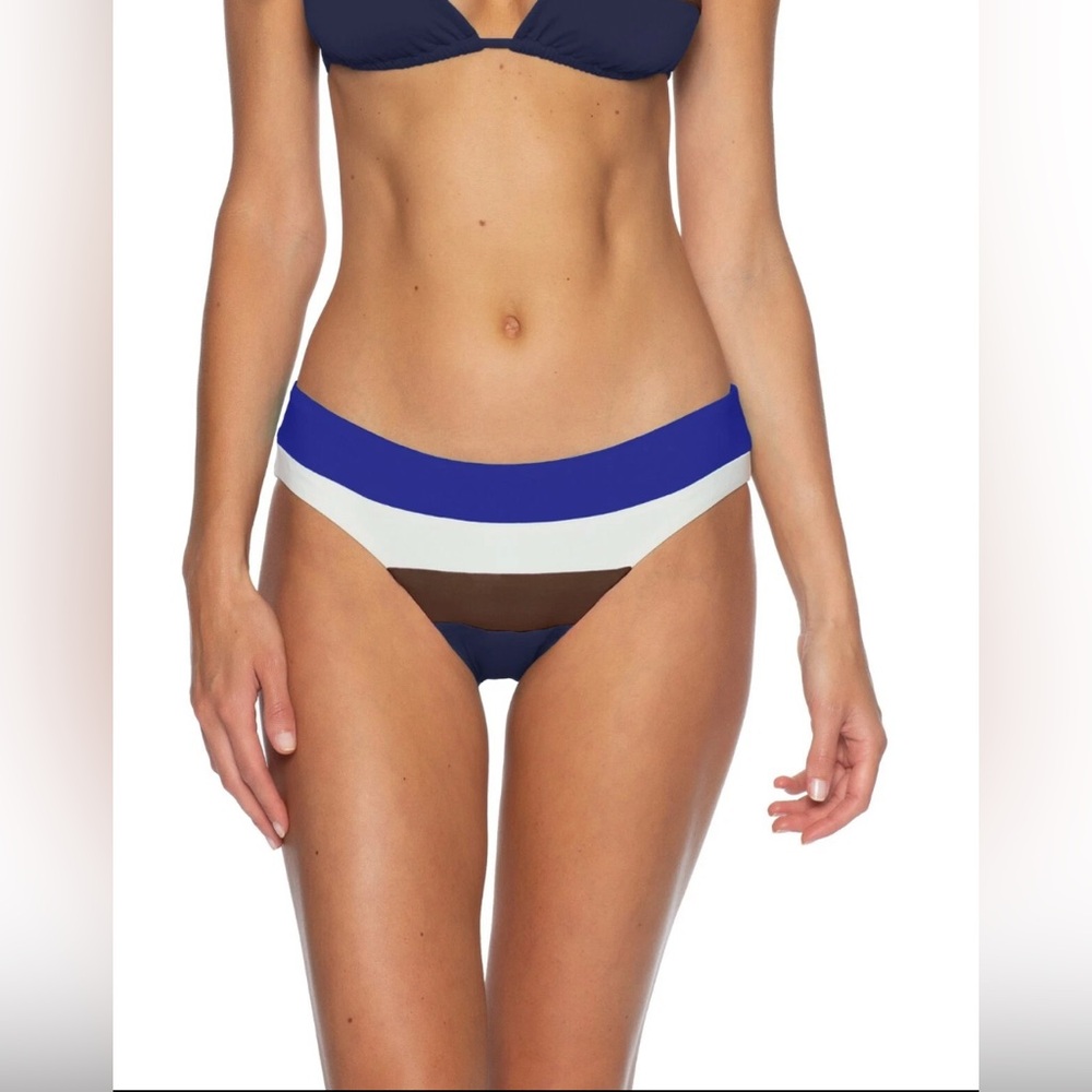 Becca Blue, White & Brown Striped Swim Suit Bikini Bottom Size Small NWOT